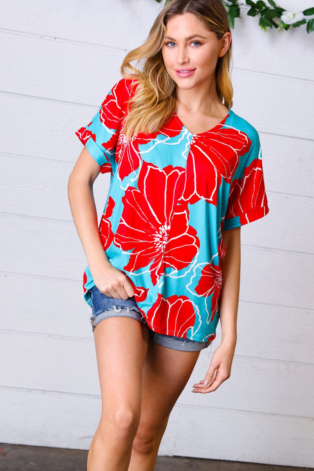 Teal & Cherry Red Floral Print V Neck Top