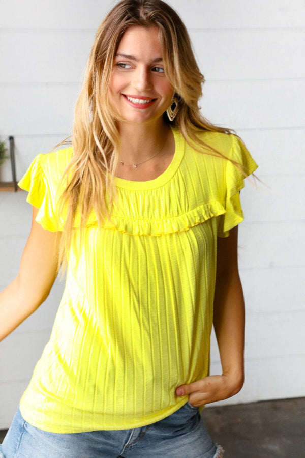 Yellow Wide Rib Frilled Short Sleeve Yoke Top - Coeur de la Mode