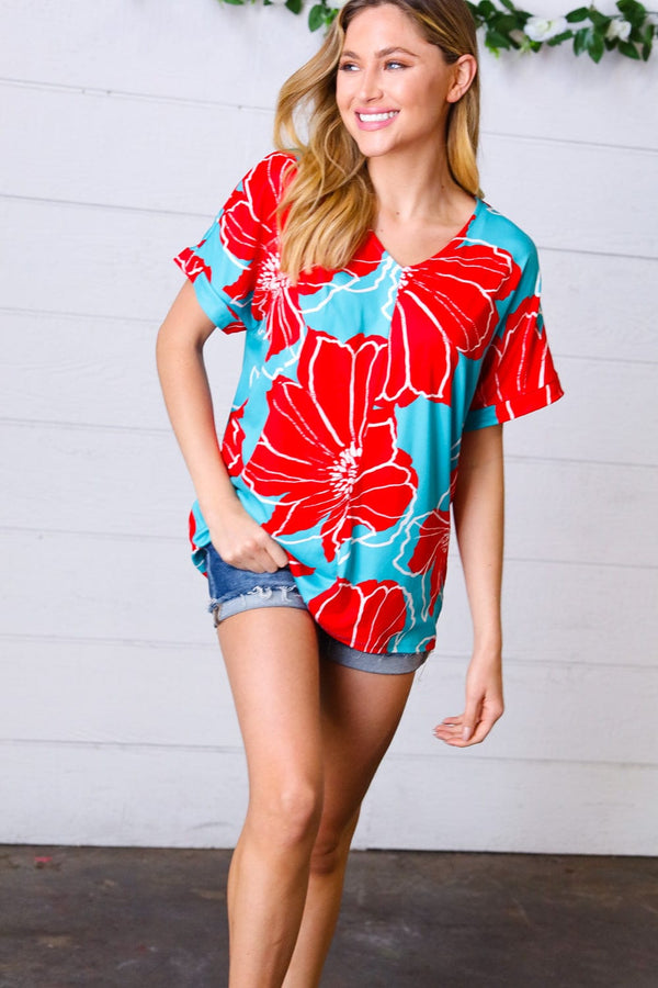 Teal & Cherry Red Floral Print V Neck Top - Coeur de la Mode