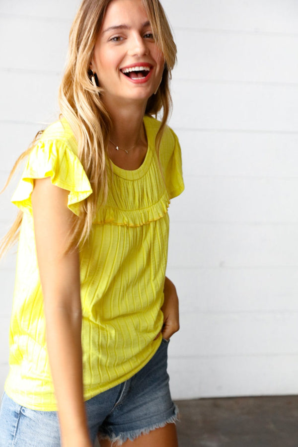 Yellow Wide Rib Frilled Short Sleeve Yoke Top - Coeur de la Mode