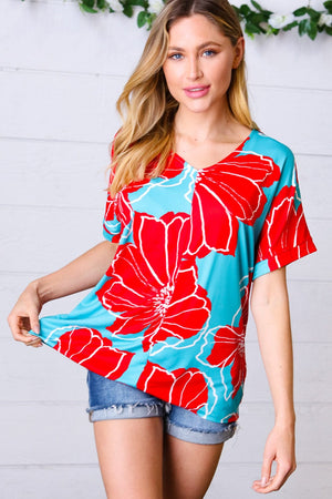 Teal & Cherry Red Floral Print V Neck Top - Coeur de la Mode