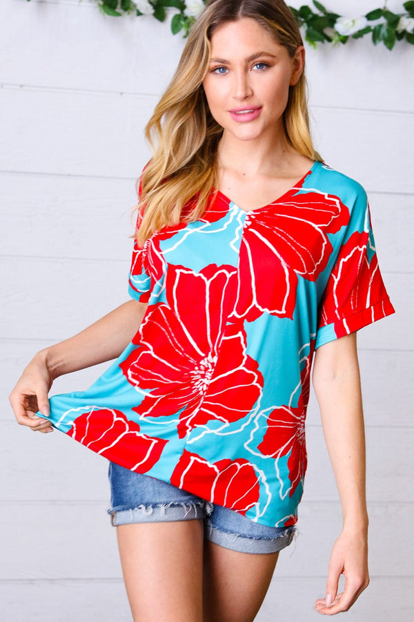 Teal & Cherry Red Floral Print V Neck Top - Coeur de la Mode