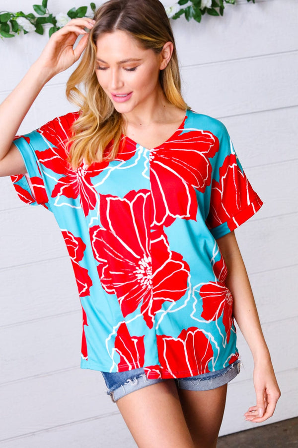 Teal & Cherry Red Floral Print V Neck Top - Coeur de la Mode