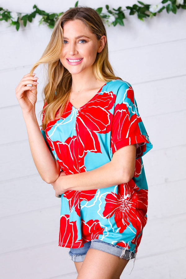 Teal & Cherry Red Floral Print V Neck Top - Coeur de la Mode