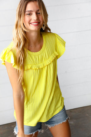 Yellow Wide Rib Frilled Short Sleeve Yoke Top - Coeur de la Mode