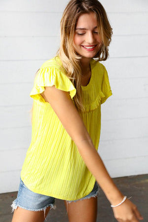 Yellow Wide Rib Frilled Short Sleeve Yoke Top - Coeur de la Mode