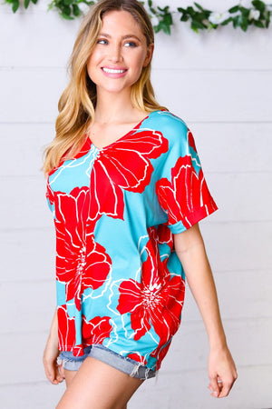 Teal & Cherry Red Floral Print V Neck Top - Coeur de la Mode