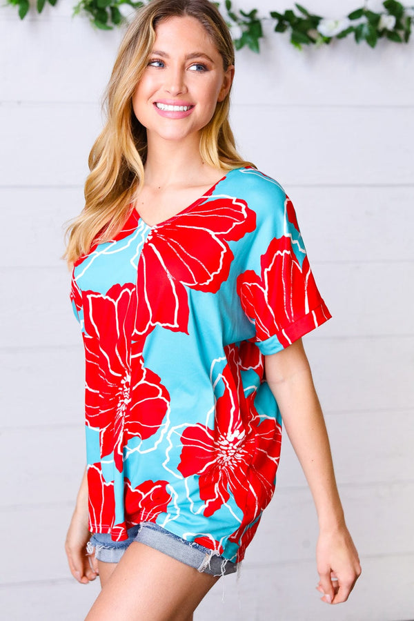 Teal & Cherry Red Floral Print V Neck Top - Coeur de la Mode