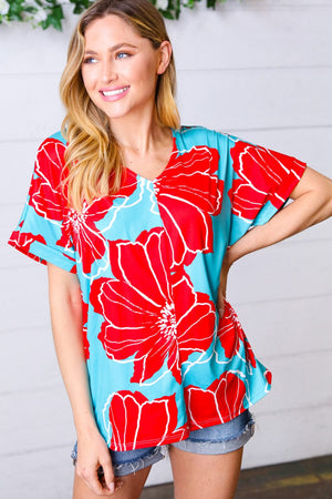 Teal & Cherry Red Floral Print V Neck Top - Coeur de la Mode