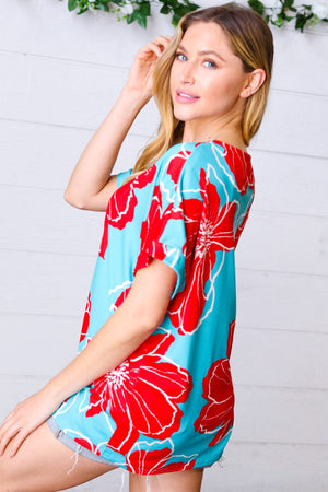 Teal & Cherry Red Floral Print V Neck Top - Coeur de la Mode