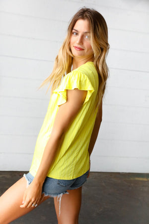 Yellow Wide Rib Frilled Short Sleeve Yoke Top - Coeur de la Mode