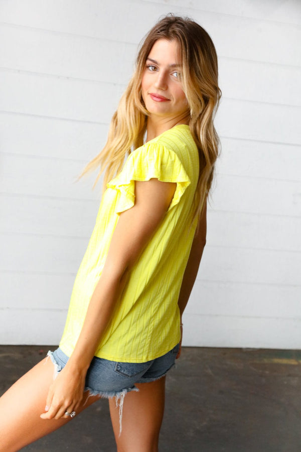 Yellow Wide Rib Frilled Short Sleeve Yoke Top - Coeur de la Mode