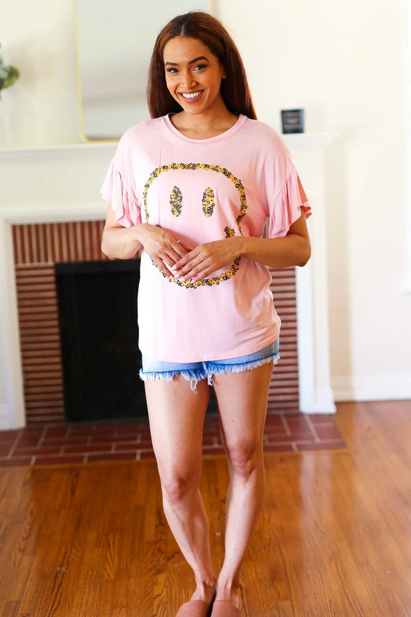 Live For Today Pink Floral Smiley Face Flutter Sleeve Tee - Coeur de la Mode