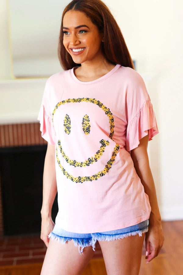 Live For Today Pink Floral Smiley Face Flutter Sleeve Tee - Coeur de la Mode