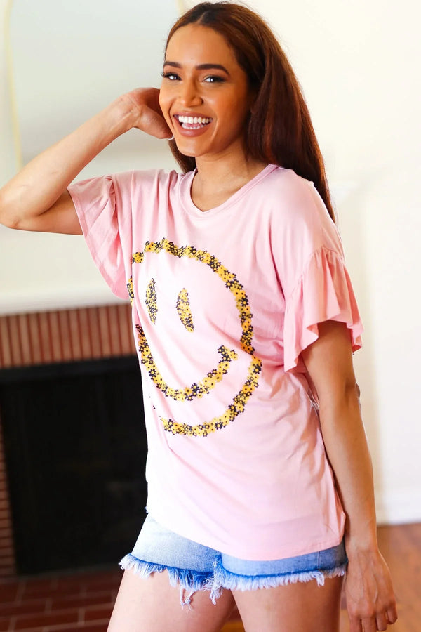 Live For Today Pink Floral Smiley Face Flutter Sleeve Tee - Coeur de la Mode