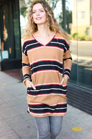 Casual Chic Taupe Hacci Stripe Pocketed Tunic/Dress - Coeur de la Mode