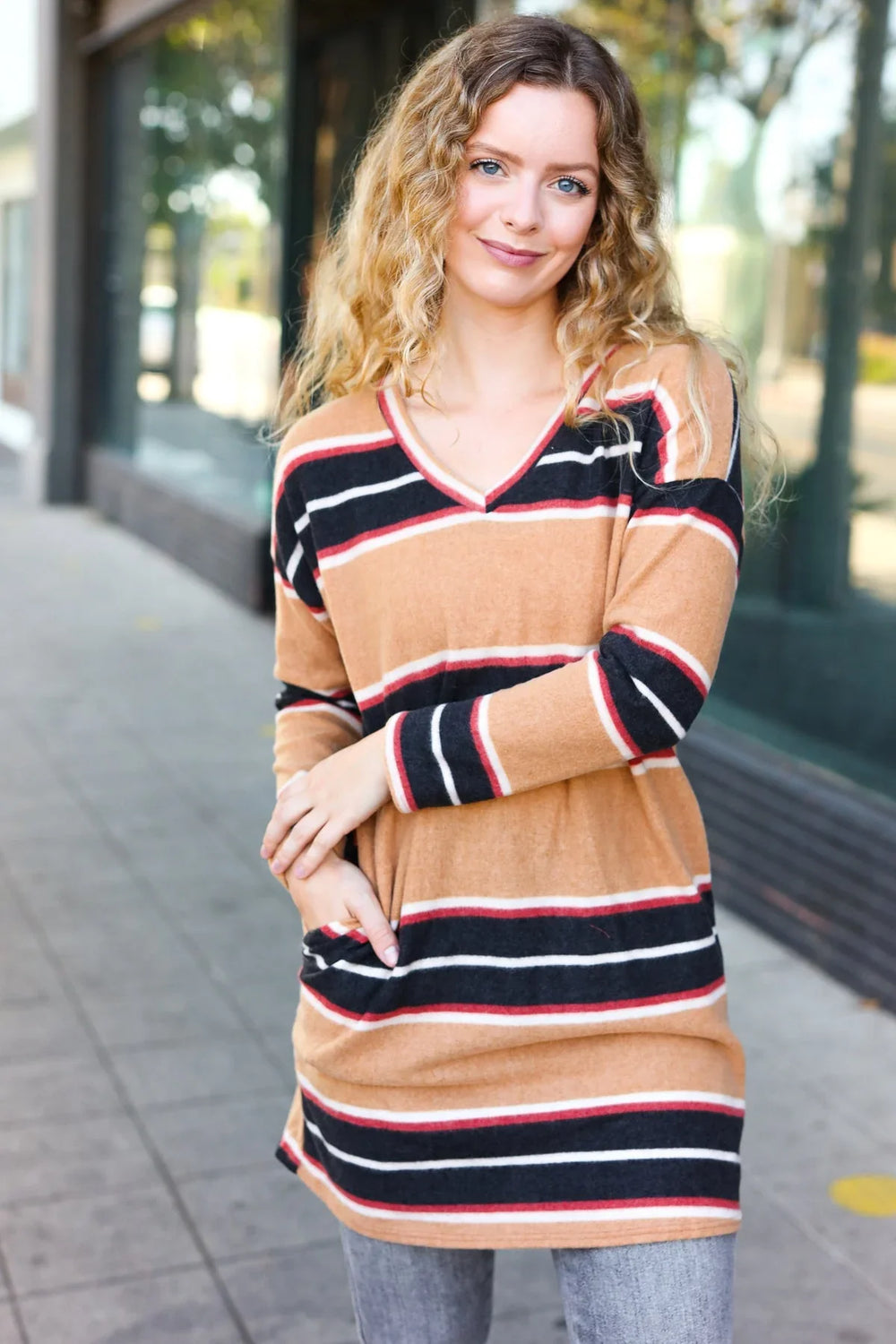 Casual Chic Taupe Hacci Stripe Pocketed Tunic/Dress - Coeur de la Mode