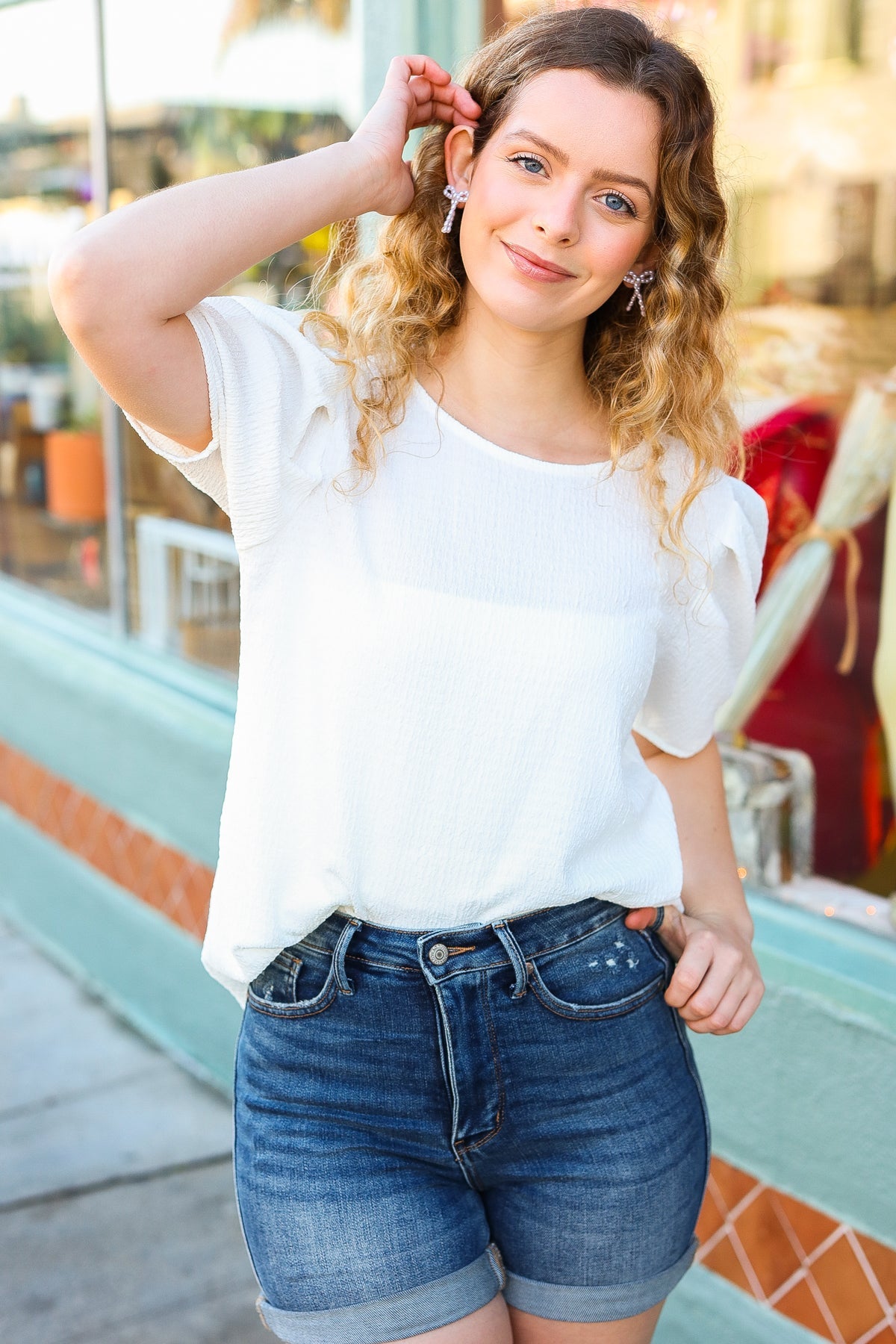 Stand Out White Crinkle Textured Woven Puff Sleeve Top