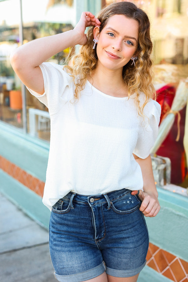 Stand Out White Crinkle Textured Woven Puff Sleeve Top - Coeur de la Mode