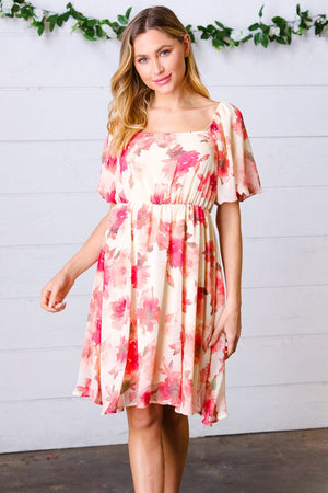 Peach Floral Chiffon Puff Sleeve Dress - Coeur de la Mode