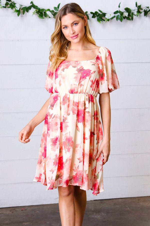 Peach Floral Chiffon Puff Sleeve Dress - Coeur de la Mode