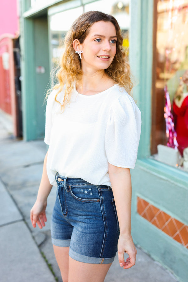 Stand Out White Crinkle Textured Woven Puff Sleeve Top - Coeur de la Mode