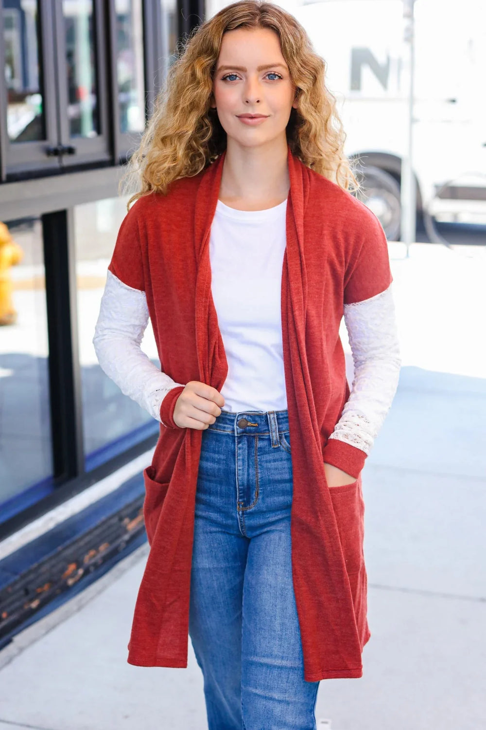 Casual Days Rust Lace Sleeve Front Pocket Hacci Cardigan - Coeur de la Mode