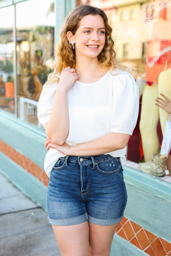 Stand Out White Crinkle Textured Woven Puff Sleeve Top - Coeur de la Mode