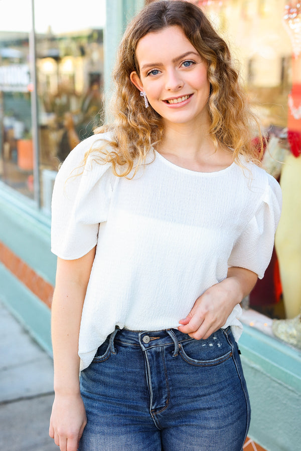 Stand Out White Crinkle Textured Woven Puff Sleeve Top - Coeur de la Mode