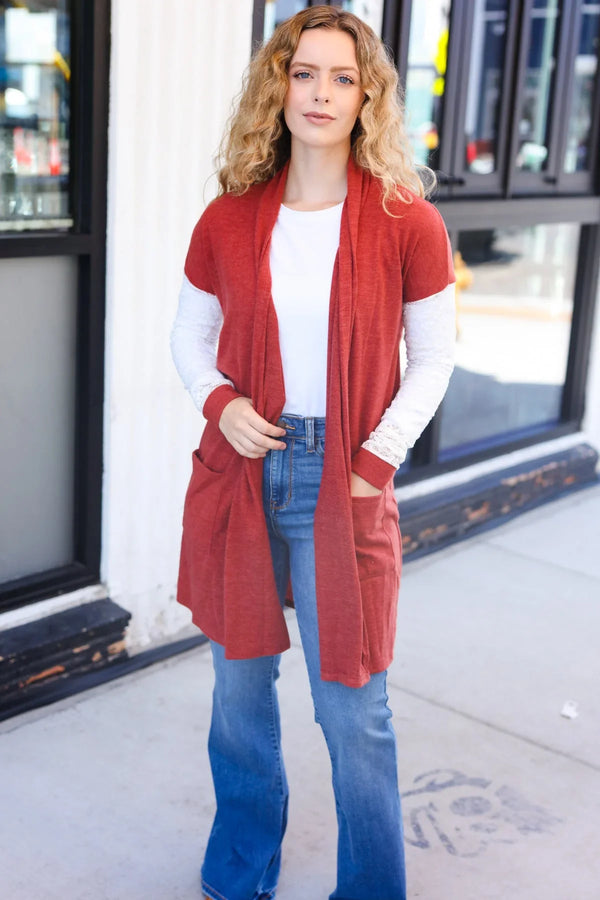 Casual Days Rust Lace Sleeve Front Pocket Hacci Cardigan - Coeur de la Mode