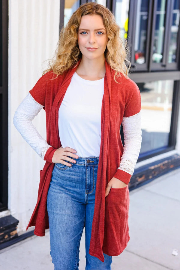 Casual Days Rust Lace Sleeve Front Pocket Hacci Cardigan - Coeur de la Mode