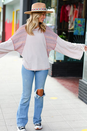 Taupe & Burgundy Chevron Raglan Lace-Up Bell Sleeve Top - Coeur de la Mode