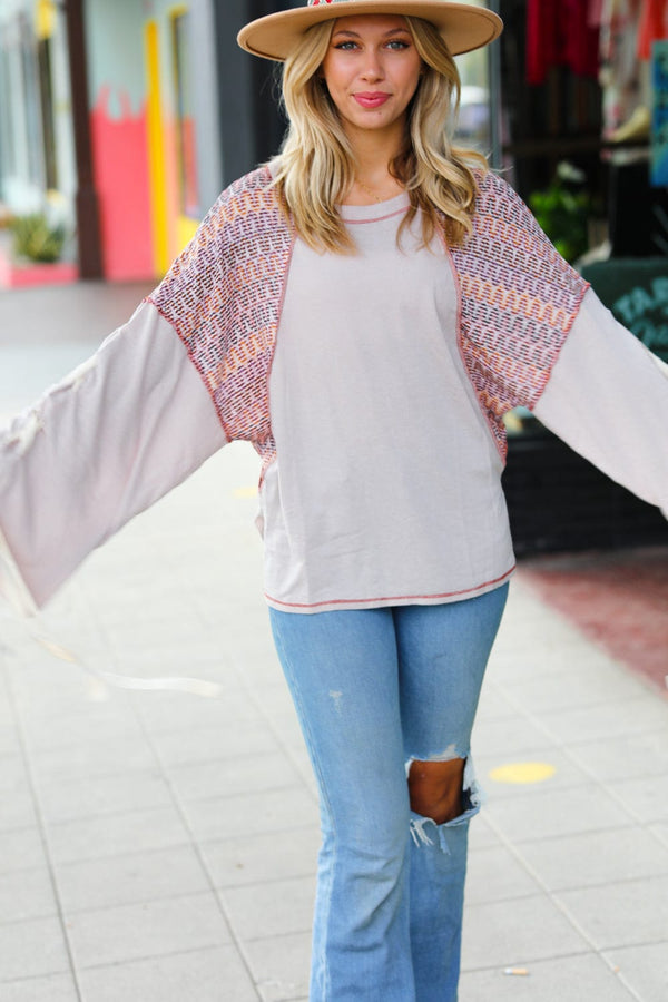 Taupe & Burgundy Chevron Raglan Lace-Up Bell Sleeve Top - Coeur de la Mode