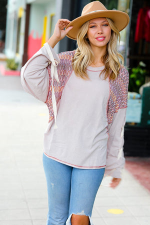 Taupe & Burgundy Chevron Raglan Lace-Up Bell Sleeve Top - Coeur de la Mode