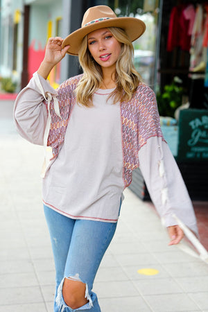 Taupe & Burgundy Chevron Raglan Lace-Up Bell Sleeve Top - Coeur de la Mode