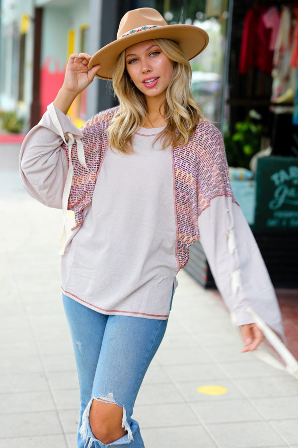 Taupe & Burgundy Chevron Raglan Lace-Up Bell Sleeve Top - Coeur de la Mode