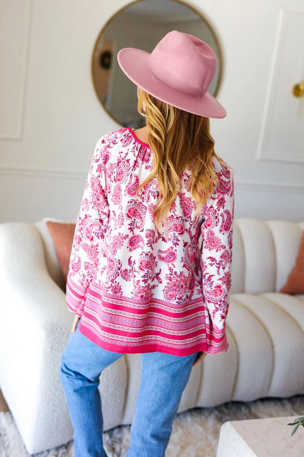 Make A Statement Fuchsia Paisley Boho Front Tie Top - Coeur de la Mode