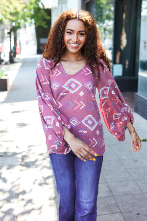 Boho Vibes Elastic Long Sleeve Aztec Print V Neck Pullover - Coeur de la Mode