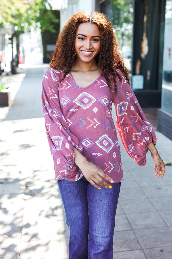 Boho Vibes Elastic Long Sleeve Aztec Print V Neck Pullover - Coeur de la Mode