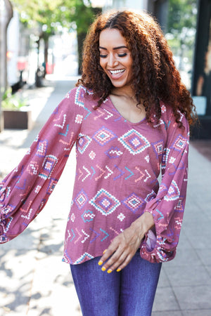 Boho Vibes Elastic Long Sleeve Aztec Print V Neck Pullover - Coeur de la Mode