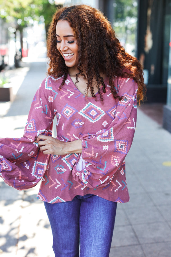 Boho Vibes Elastic Long Sleeve Aztec Print V Neck Pullover - Coeur de la Mode
