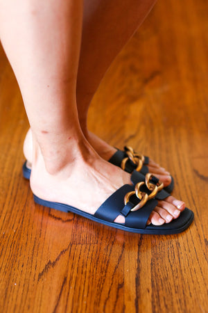 Black Chain Detail Notched Slide Sandals - Coeur de la Mode