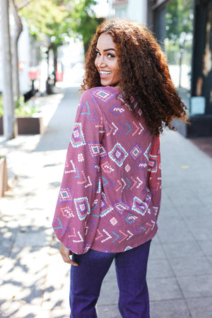 Boho Vibes Elastic Long Sleeve Aztec Print V Neck Pullover - Coeur de la Mode