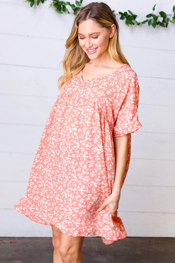 Peach Ditzy Floral Woven Dolman V Neck Dress - Coeur de la Mode