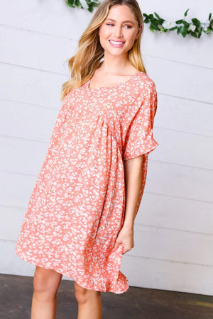 Peach Ditzy Floral Woven Dolman V Neck Dress - Coeur de la Mode