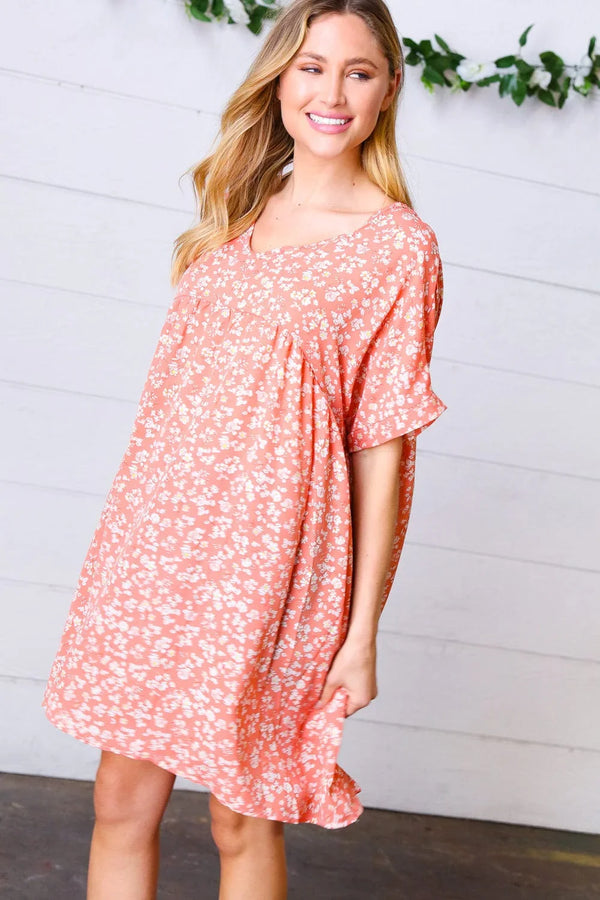 Peach Ditzy Floral Woven Dolman V Neck Dress - Coeur de la Mode