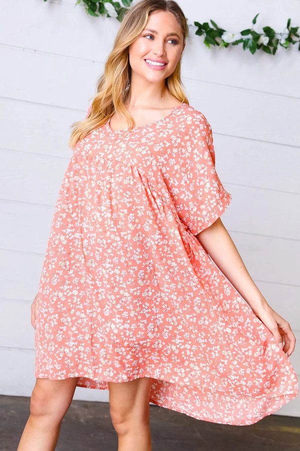 Peach Ditzy Floral Woven Dolman V Neck Dress - Coeur de la Mode