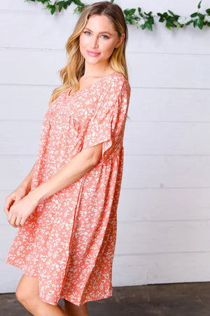Peach Ditzy Floral Woven Dolman V Neck Dress - Coeur de la Mode