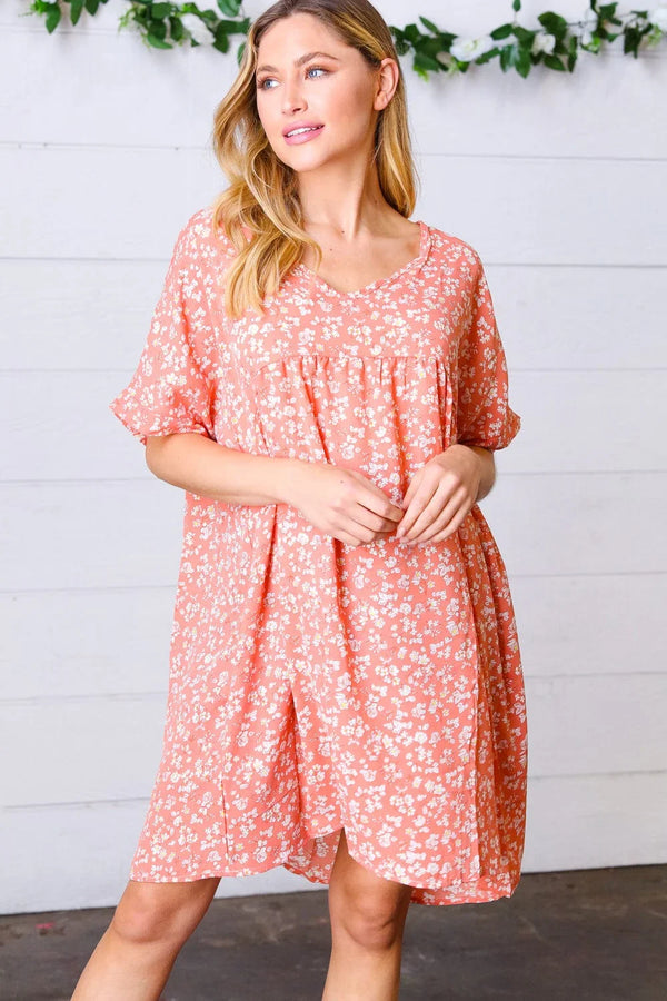 Peach Ditzy Floral Woven Dolman V Neck Dress - Coeur de la Mode