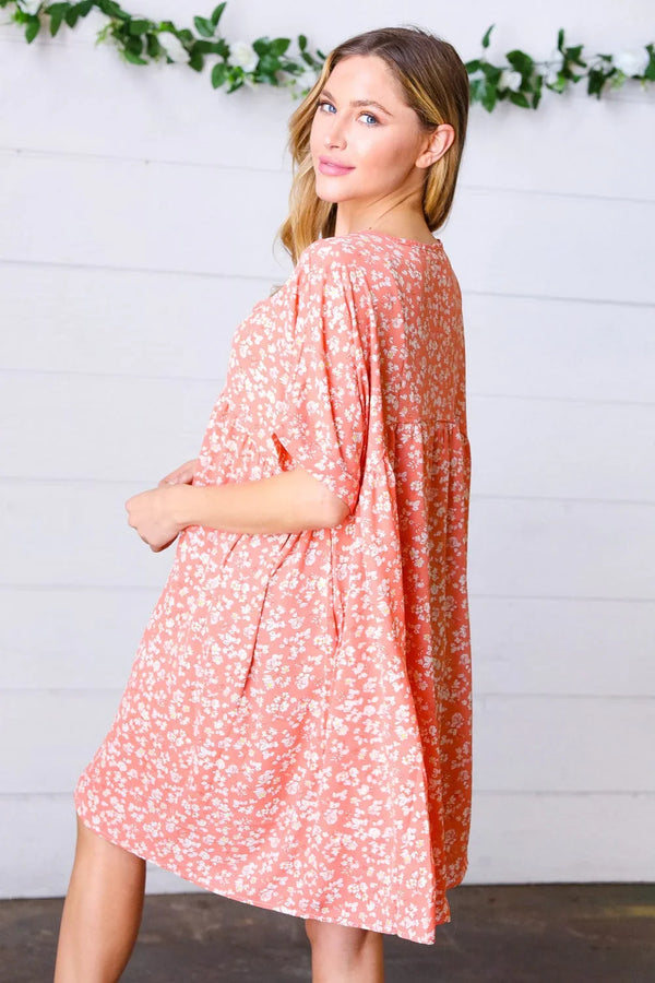 Peach Ditzy Floral Woven Dolman V Neck Dress - Coeur de la Mode